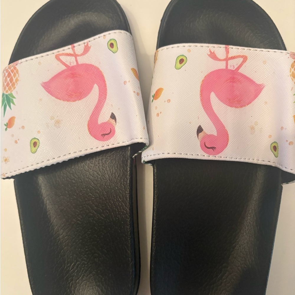 Pink Flamingo Slide Sandals with Black Footbed